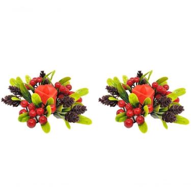 Imagem de Kit 2 Porta Velas Natalino Folhagens E Pinhas E Vela Eletrônica Led - Magizi