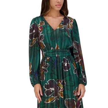 Imagem de Kensie Vestido midi feminino de cetim listrado com gola V e manga comprida, Pine Multi, 44