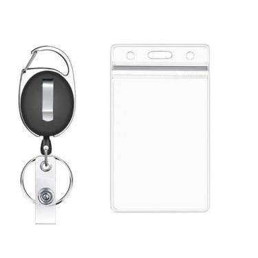 Imagem de Carretel retrátil para crachá de identidade: preto, mangas de cartão transparentes verticais com clipe de cinto, chaveiro, cordão de tração de 61 cm para enfermeira professora segurança trabalho navio