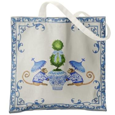 Imagem de Veqzc Sacola azul e branca de porcelana chinoiserie macaco, topiaria chinesa e macacos Staffordshire sacolas de lona para mulheres, sacola floral azul vintage, sacolas de compras reutilizáveis sacolas