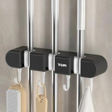 Imagem de Suporte de parede para esfregão e vassoura com 3 compartimentos de garra e 4 ganchos, organizador adesivo sem perfuração para economia de espaço para casa (preto)