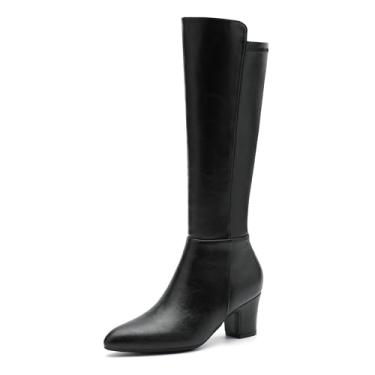Imagem de Enelauge Botas femininas cano alto salto grosso bico fino botas Gogo com zíper lateral vestido moderno botas altas para mulheres, Preto, 36