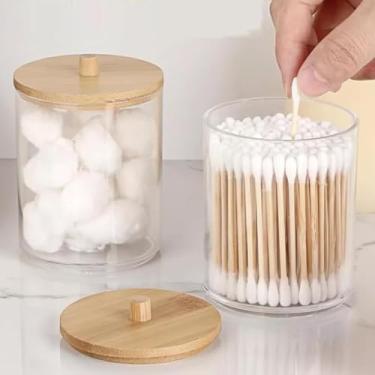 Imagem de Kit 2 Porta Organizador de Cotonete ou Algodão Acrílico Redondo com Tampa de Bambu Premium Sustentável 9x7cm Decoração Organizadora Design Moderno Ideal para Banheiros, Lavabos e Penteadeiras