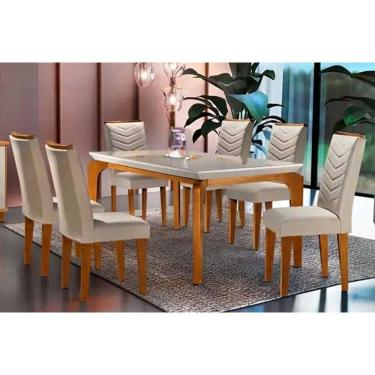 Imagem de Sala De Jantar Completa Londrina Tampo Madeirado C- Vidro Reto 180x90 E 6 Cadeiras Londrina Imbuia - Veludo Creme - Rufato