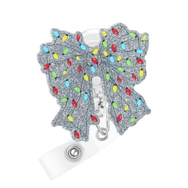 Imagem de Carretel de crachá de lanternas coloridas com laço de Natal acrílico com glitter prateado retrátil porta-crachá de nome de enfermeira com clipe jacaré para médico, professor, enfermeira, acessórios de