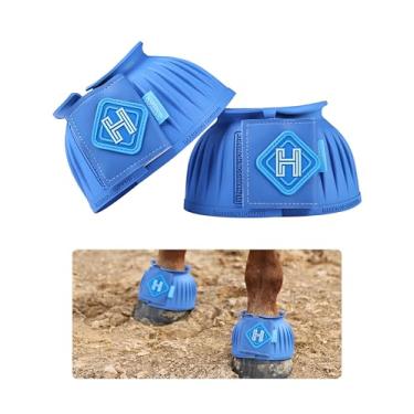Imagem de Harrison Howard Botas de sino de borracha de couro Touch-Close Overreach proteção de casco para cavalos vendidas em pares azul cobalto M
