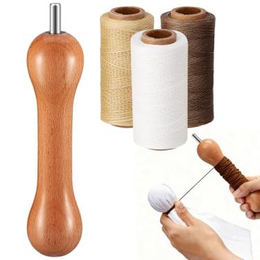 Imagem de Conjunto de carretel de linha de madeira com 3 peças com fio encerado plano, inclui enrolador de linha branco, marrom, bege e 15 cm, ferramentas de alongamento tie dye DIY para adultos iniciantes