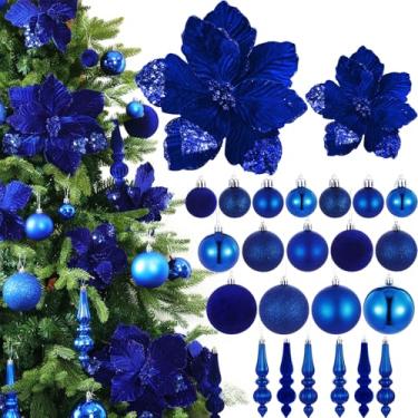 Imagem de Janinka Conjunto de 36 decorações de árvore de Natal de veludo com 12 peças, poinsétias, flor de magnólia com glitter artificial e 24 peças de enfeites de bola de Natal para decoração de Natal, festas