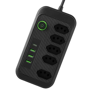 Imagem de Extensão 5 Tomadas + 3 Usb Bivolt 1 Porta USB Tipo-C, Cabo Reforçado 110/220v, Cabo de Alimentação de 2 metros,Potência de 2500W (Preto)