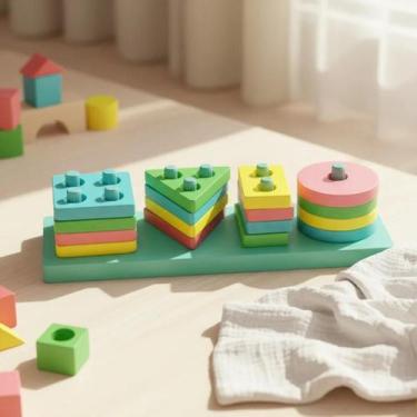 Imagem de Brinquedo Pedagógico Montessori Encaixe Divertido Formas Mdf Tetris En
