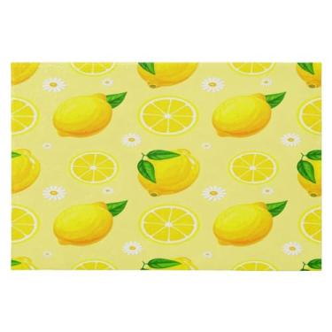 Imagem de CEBUGI Tapete de área 60 x 90 cm macio lavável tapete antiderrapante com suporte de borracha limões amarelos margaridas brancas tapetes de área para sala de estar, quarto, decoração de casa