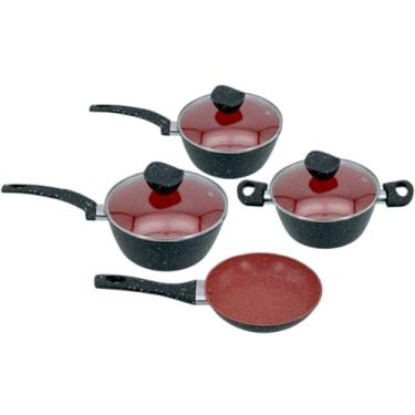 Imagem de Conjunto Panelas Antiaderente com Tampa de Vidro, 4 Peças,Conjuntos de panelas e frigideiras, Conjuntos de panela,Jogo de Panelas de Cozinha - Preto e Vermelho