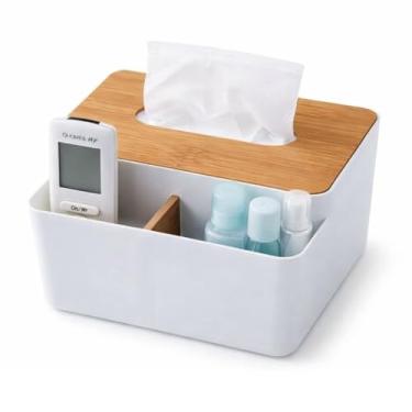 Imagem de Porta Lenço de Papel e lenço Umidecido com Organizador Multifuncional em Bambu para Mesa Sala Escritório e Quarto (Branco)