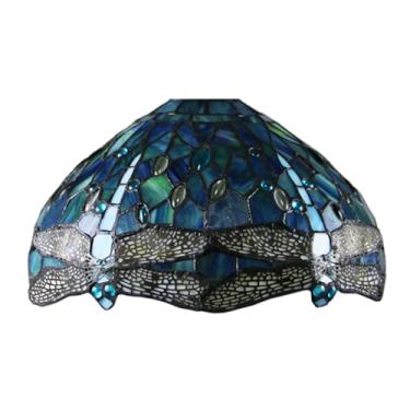 Imagem de Cúpula de reposição Tiffany para abajur, 30,5 x 18 cm, com desenho de libélula em vitral. Encaixe de 4,1 cm para luminárias de chão arqueadas, luminárias de pé e pendentes. Cor azul.