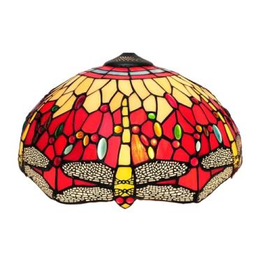 Imagem de Cúpula de abajur Tiffany de 16 x 9 polegadas (40,6 x 22,9 cm), estilo vitral com libélula, feita à mão, estilo retrô, para luminárias de mesa, pendentes, de chão e de teto, vermelha.