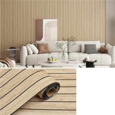 Imagem de Papel de parede de ripas de madeira autoadesivo 15,7 x 118" - Textura 3D grão de madeira descascado e colado, removível para quarto sala de estar(B,15.7X118IN)