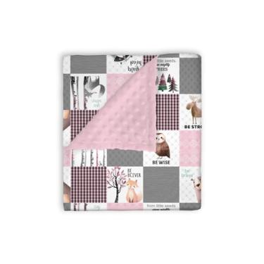 Imagem de EyMzcod Cobertores de vison para bebês meninas boho floresta amigos animais, rosa, cinza, patchwork, camada dupla macia, suporte pontilhado, recebendo swaddle, recém-nascido, bebê, berçário, roupa de