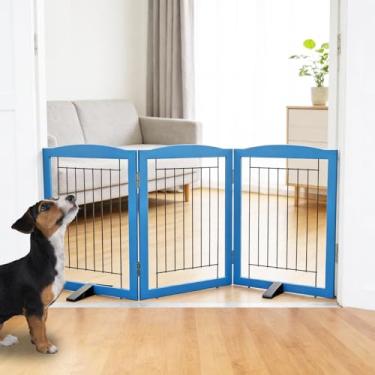 Imagem de ZJSF Cerca interna independente para cães, portão dobrável para portas, escadas ou corredores, portão extra largo de madeira resistente para animais de estimação com pés de suporte para casa, azul, 61