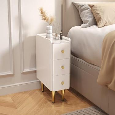 Imagem de Mesa de cabeceira estreita de 20 cm com 3 gavetas, mesa de cabeceira de madeira, pequena, branca e dourada, mesa de canto minimalista moderna para espaços pequenos, quarto, penteadeira, dormitório