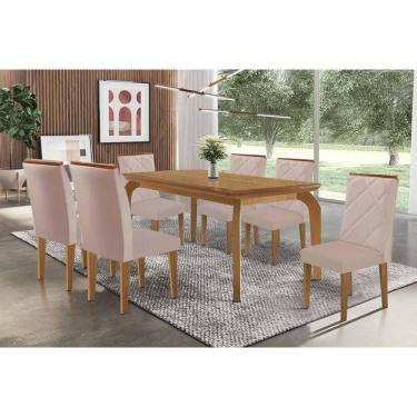 Imagem de Sala Jantar Mesa Londrina Tampo Curvo 180cm+6 Cadeiras Pietá Madeira Naturale - Capuccino/Linho Capuccino - Rufato