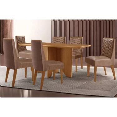 Imagem de Sala Jantar Mesa Nevada Tampo Curvo 180cm+6 Cadeiras Maldivas Madeira Naturale - Capuccino/Linho Capuccino - Rufato
