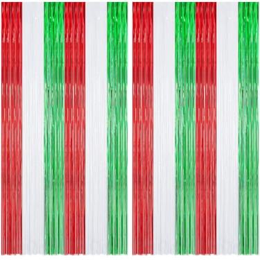 Imagem de Zhanmai Pacote com 2 cortinas de franja de folha de tinsel de Natal, vermelho, branco, verde, 3,28 × 8,6 m, cortinas metálicas de tinsel de fundo para festa de ano novo de circo de carnaval