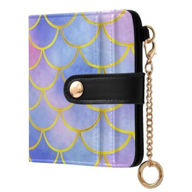 Imagem de STAYTOP Linda carteira feminina colorida com escamas de sereia com bloqueio de RFID, de couro macio, dobrável e compacta, porta-cartões com zíper, bolso para moedas, janela para identidade
