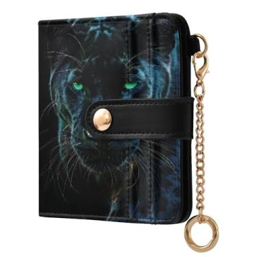 Imagem de STAYTOP Carteira feminina Fierce Pantera Negra pequena, com bloqueio de RFID, de couro macio, dobrável e compacta, porta-cartões para mulheres, com zíper, bolso para moedas, janela para identidade
