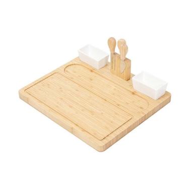 Imagem de Tábua de Bambu NZ156 p/ Frios c/ 3 Talheres Aço e 2 Tigelas Cerâmicas - FlexInter