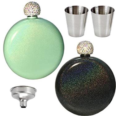 Imagem de Garrafa de licor para mulheres, PIVHWIR 2 peças de aço inoxidável de 142 g à prova de vazamento garrafas de licor com tampa e funil de strass e 2 peças de copos - para armazenar uísque, rum e vodka