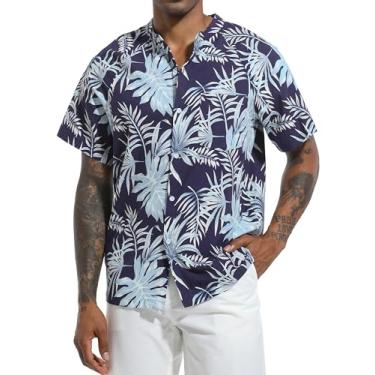 Imagem de SILKWORLD Camisa masculina casual de botão manga curta gola banda algodão linho camisa masculina Henley havaiana com bolso, 7a_azul marinho, XXG