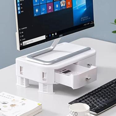 Imagem de Suporte ajustável do monitor, organizador da mesa do riser do monitor do computador com organizador do armazenamento da gaveta com suporte resistente do desktop do espaço da economia, branco