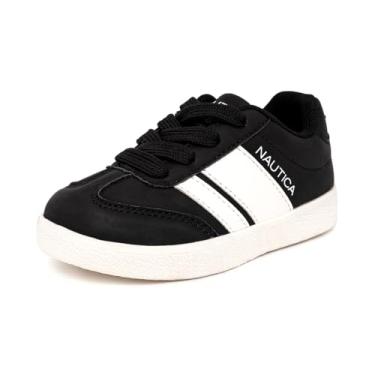 Imagem de Nautica Tênis de moda casual para meninos – confortável futebol clássico tênis de caminhada para crianças – respirável, leve e flexível (cadarço/elástico), Preto, branco, 7 Toddler