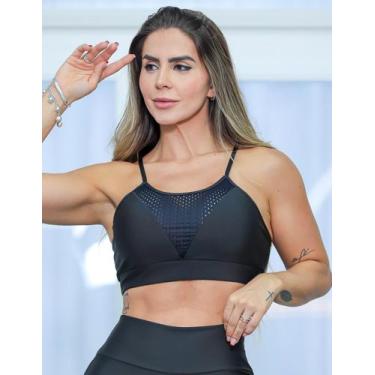 Imagem de Cropped Fitness Feminino Estilo Nadador com Bojo Removível e Tela para