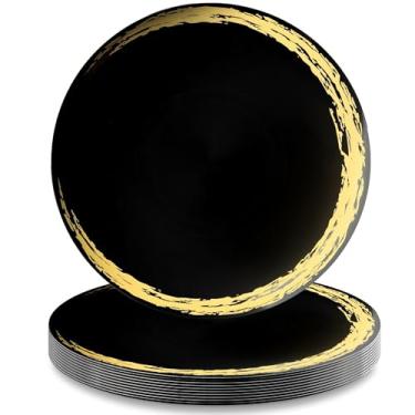 Imagem de Conjunto de pratos de plástico redondos pretos e dourados - 26 cm (10 peças) | Design premium e luxuoso - ideal para casamentos, festas e eventos
