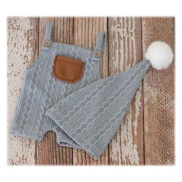 Imagem de Ederafoto Acessórios para fotografia de recém-nascidos, roupas para sessões de fotos de bebê, macacão posando, chapéu de crochê com suspensório (azul claro)