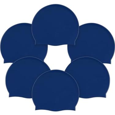 Imagem de Syhood 6 peças de touca de natação unissex de silicone para adultos, impermeável, antiderrapante, touca de natação elástica para cabelos longos e curtos (azul marinho)