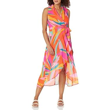 Imagem de Donna Morgan Vestido feminino de gola xaile falso com laço na cintura, Laranja/framboesa rosa, 38