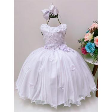 Imagem de Vestido infantil branco c/ renda e aplique flores festas - vila lele, 