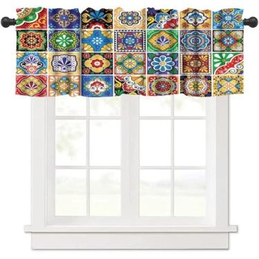 Imagem de Cortina estilo mexicano para cozinha e café, estampa de azulejos, flores coloridas, folhas, padrão redemoinho, tratamento de janela, cortinas curtas, bolso de varão, drapeado para sala de jantar,