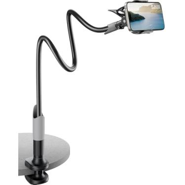 Imagem de Suporte de telefone pescoço de ganso SAIJI, braço longo flexível, fixação por morsa, para iPhone, celular, para cama, mesa, câmera de documentos, Nintendo Switch, preto