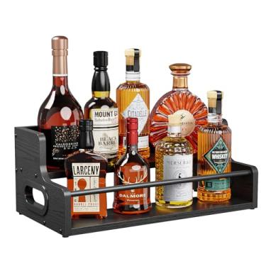 Imagem de KLM Prateleira de exibição de garrafa de licor de madeira rústica de 2 camadas, organizador de balcão de bar com haste de metal, rack de armazenamento mini bar (preto)
