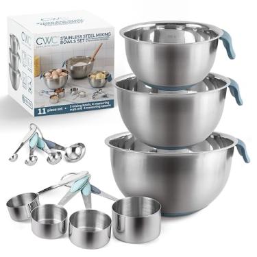Imagem de COOK WITH COLOR Conjunto de tigelas de mistura de aço inoxidável e copos medidores - Tigelas de encaixe com fundo antiderrapante e alças de fácil aderência, azul, 11 peças