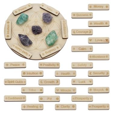 Imagem de FINGERINSPIRE Conjunto de placa de grade de cristal de madeira, placa redonda grande com geometria sagrada, 25 varetas pequenas gravadas com palavras inspiradoras, placas de madeira espirituais para