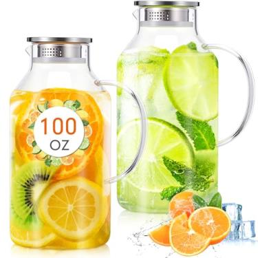 Imagem de Honeydak Pacote com 2 jarras de água de vidro de 3 litros com alça e tampas para prevenção de vazamentos, jarras de vidro de tamanho familiar de grande capacidade para bebidas quentes frias, sucos