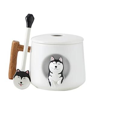 Imagem de DIHOclub Caneca de café de cerâmica com tampa e colher combinando, nova caneca padrão Husky 3D para chá leite, xícara fofa para amantes de cães, 400 ml (branca)