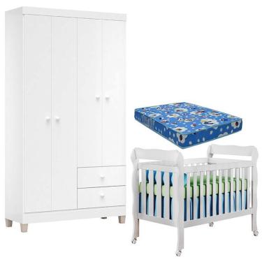 Imagem de Berço Americano Lila Com Colchão E Guarda Roupa Ternura Baby 4 Portas Branco Flex - Incorplac