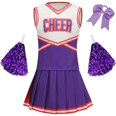 Imagem de GRAJTCIN Fantasia infantil de líder de torcida para meninas, uniforme de torcida, vestido chique de Halloween para 10 a 12 anos (150, roxo)