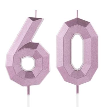 Imagem de Vela de aniversário de 60 anos, rosa, número 60, velas, design 3D, enfeite de bolo, decoração de feliz aniversário, para mulheres, homens, casamento, aniversário, celebrações, artigos de festa