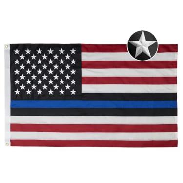 Imagem de ROTERDON Bandeira Blue Lives Matter 9,5 cm x 1,5 m ao ar livre, bordadas 210D Nylon Duty and Honor Bandeiras resistentes, cor vívida bandeira de linha azul com 2 ilhós de latão para todos os climas